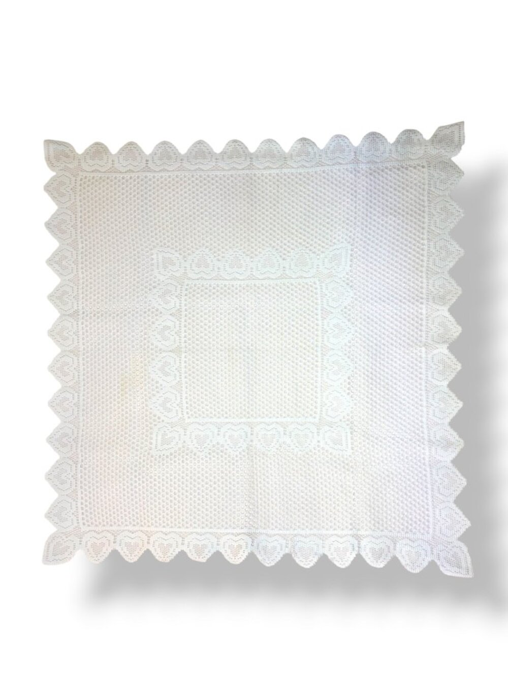 Hearts Crocheted White Table Cloth Square 32" x 32"